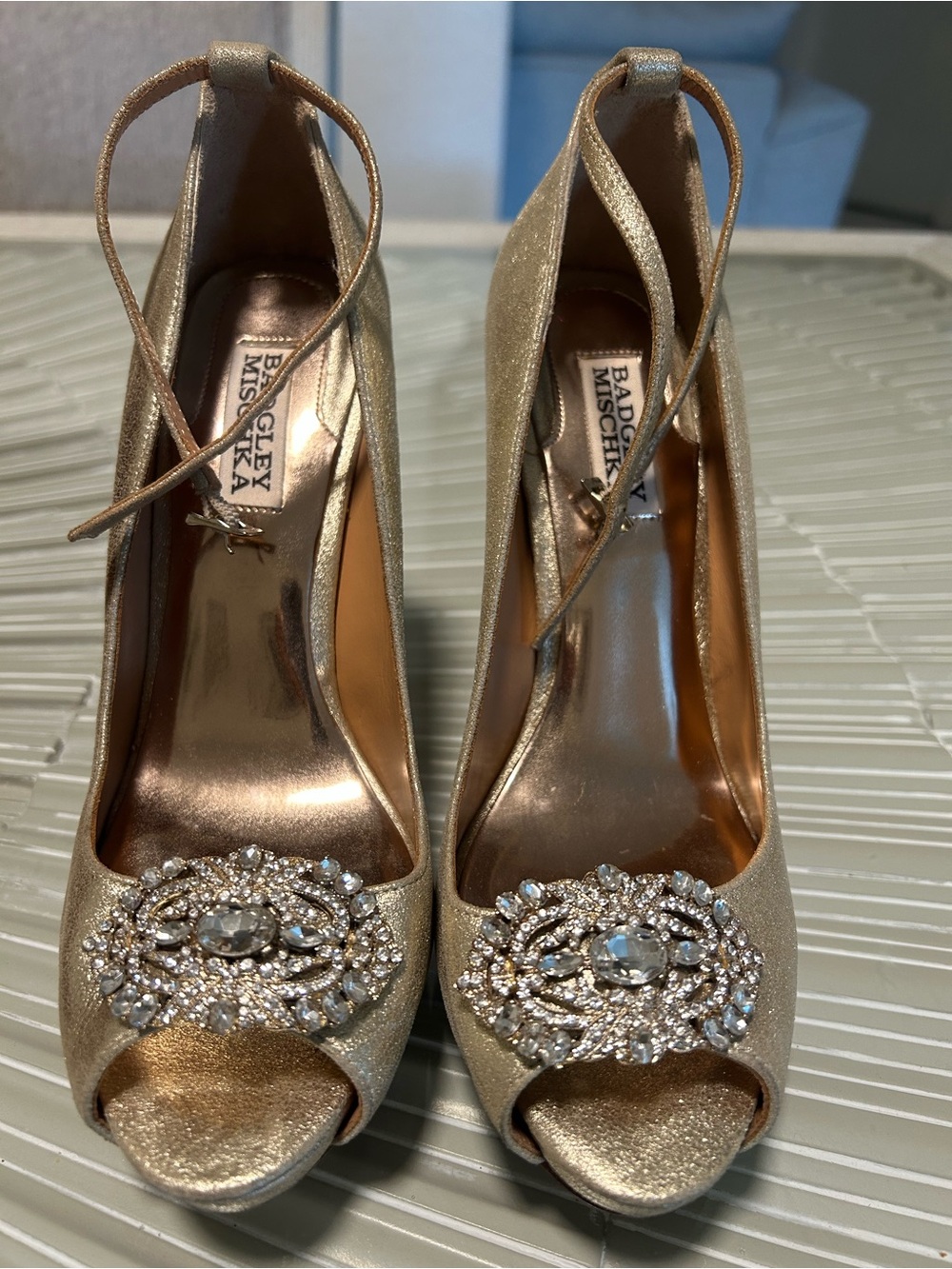 Badgley Mischka Metallic Gold Jeweled Peep-Toe Heels with Ankle Wraps